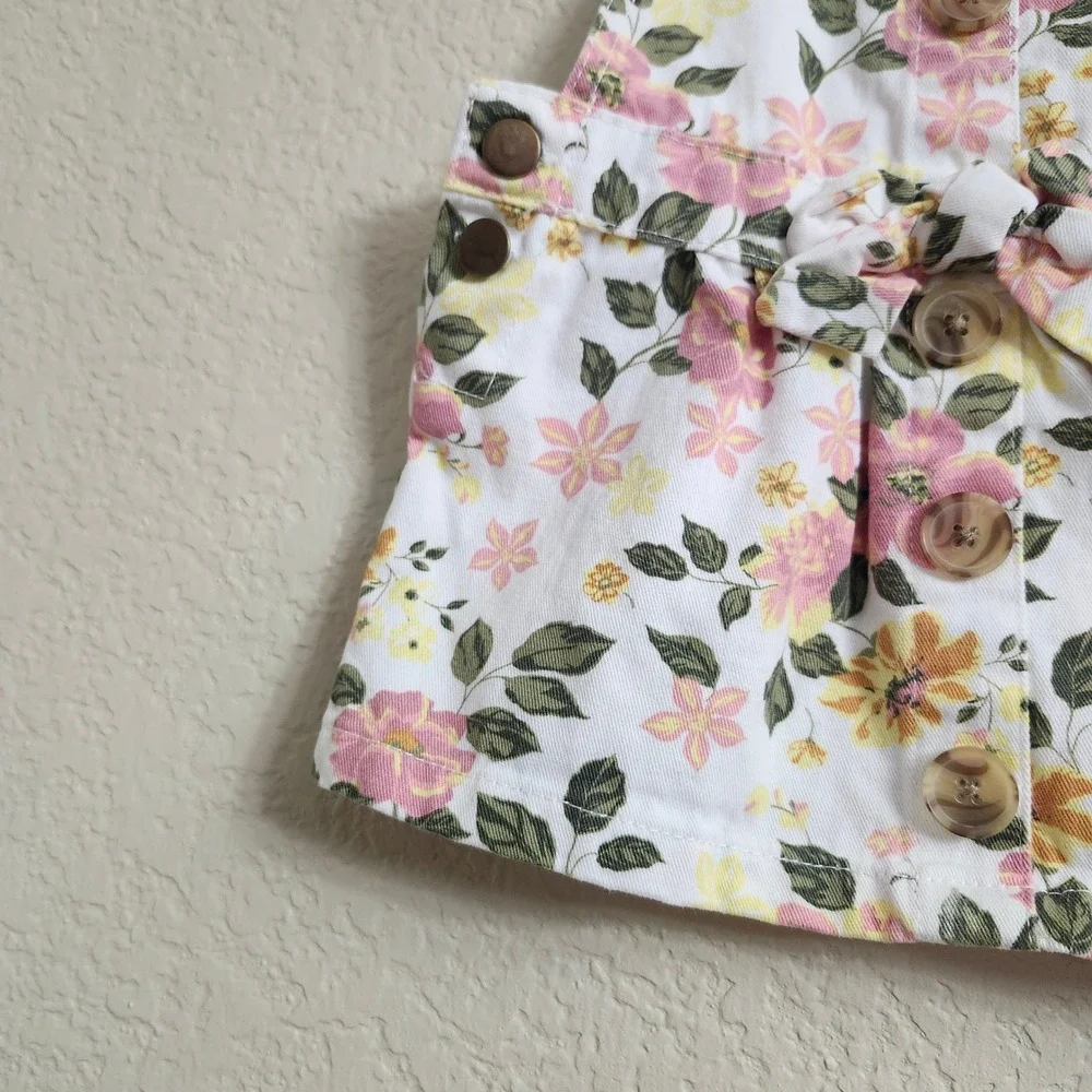 Little Lass Girls Size‎ 12M Floral Print Overall Denim Dress Pink Yellow White